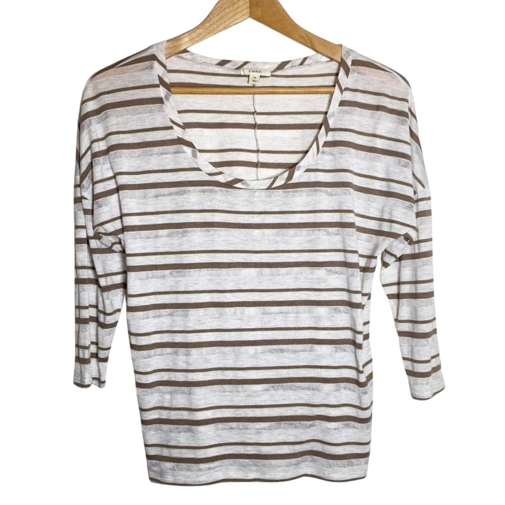 Calson Tan & Antique White Stripe 3/4 Sleeve Ballet Neckline Top Size M